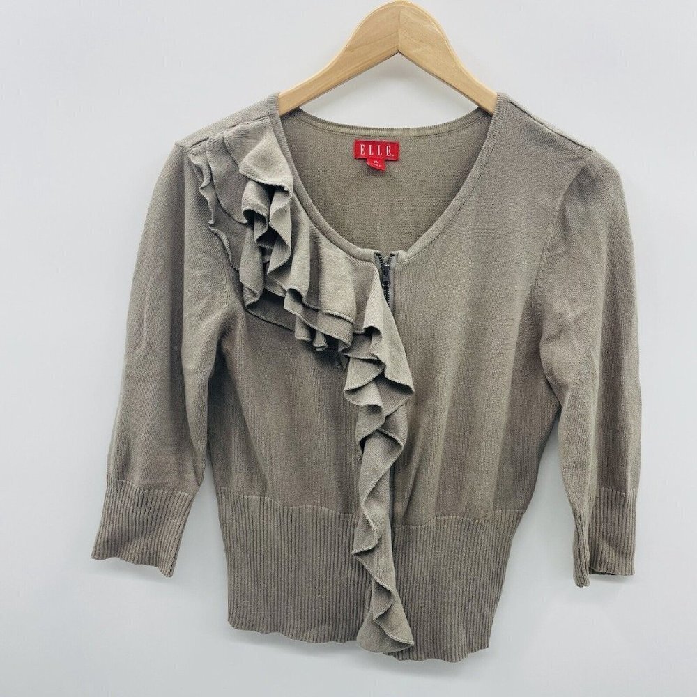 Elle Womens‎ Size Medium Cascading Ruffle Zippered Cardigan Sweater Brown 2205